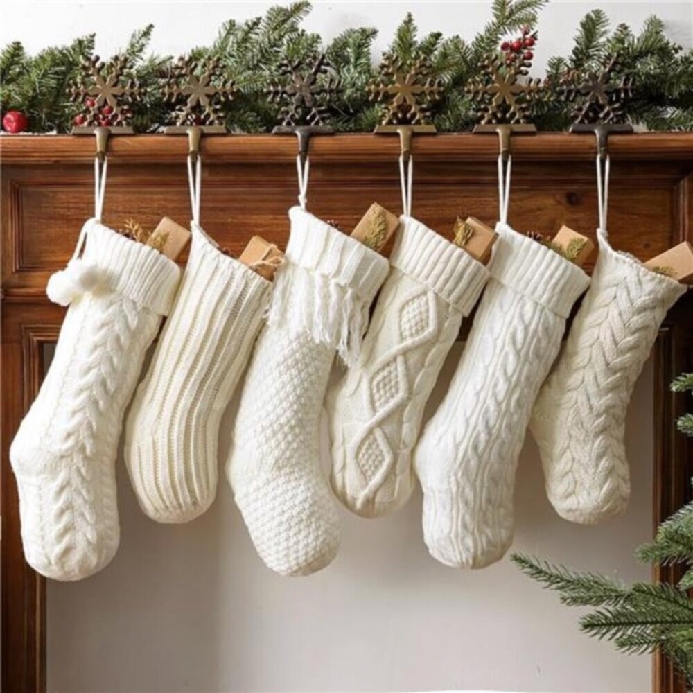 Christmas Stockings: 6 Pack Cream & White Cable Knit Patterns Fireplace